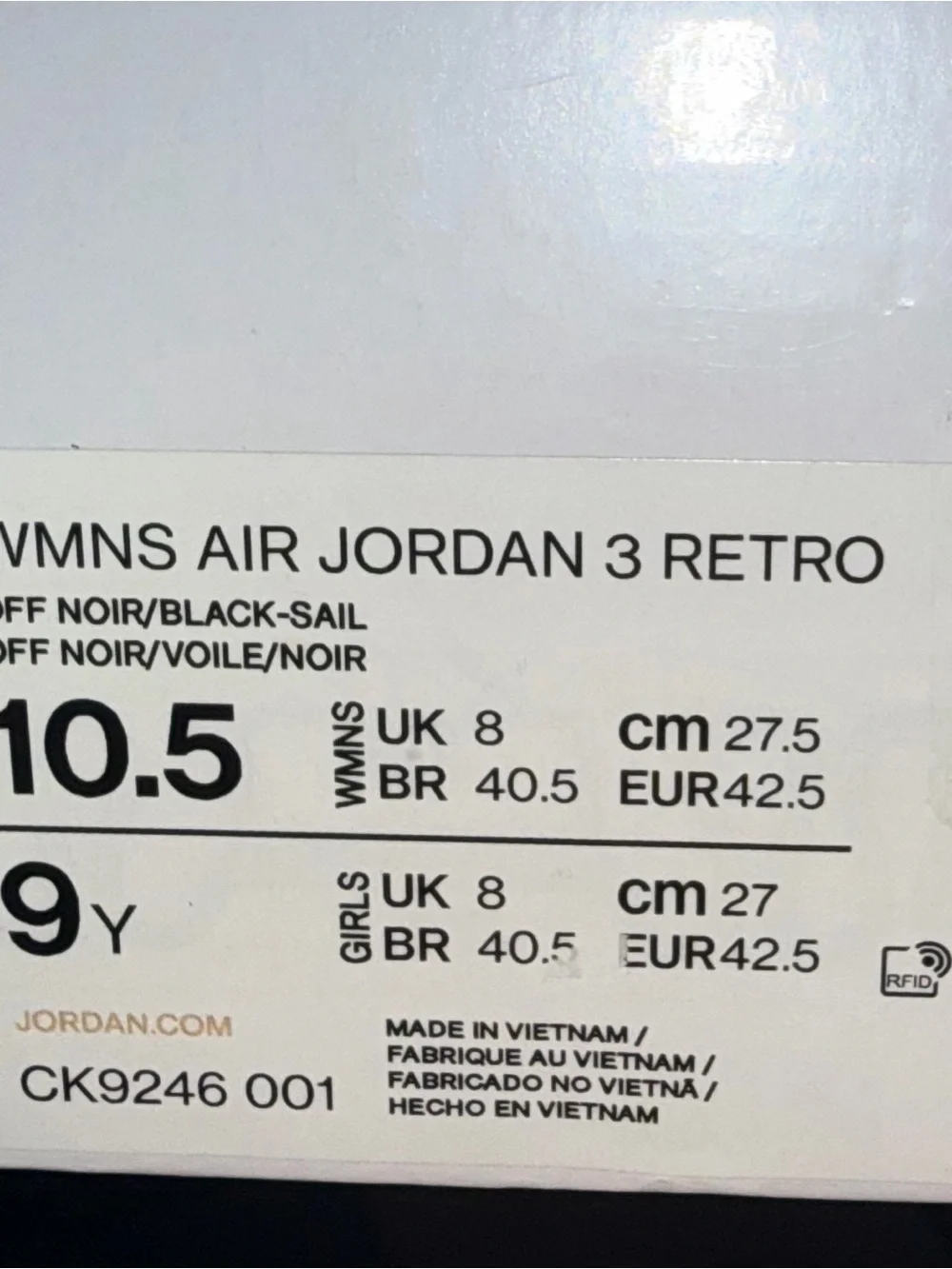 Air Jordan 3 Retro - Off Noir - Mens size 9/10.5w